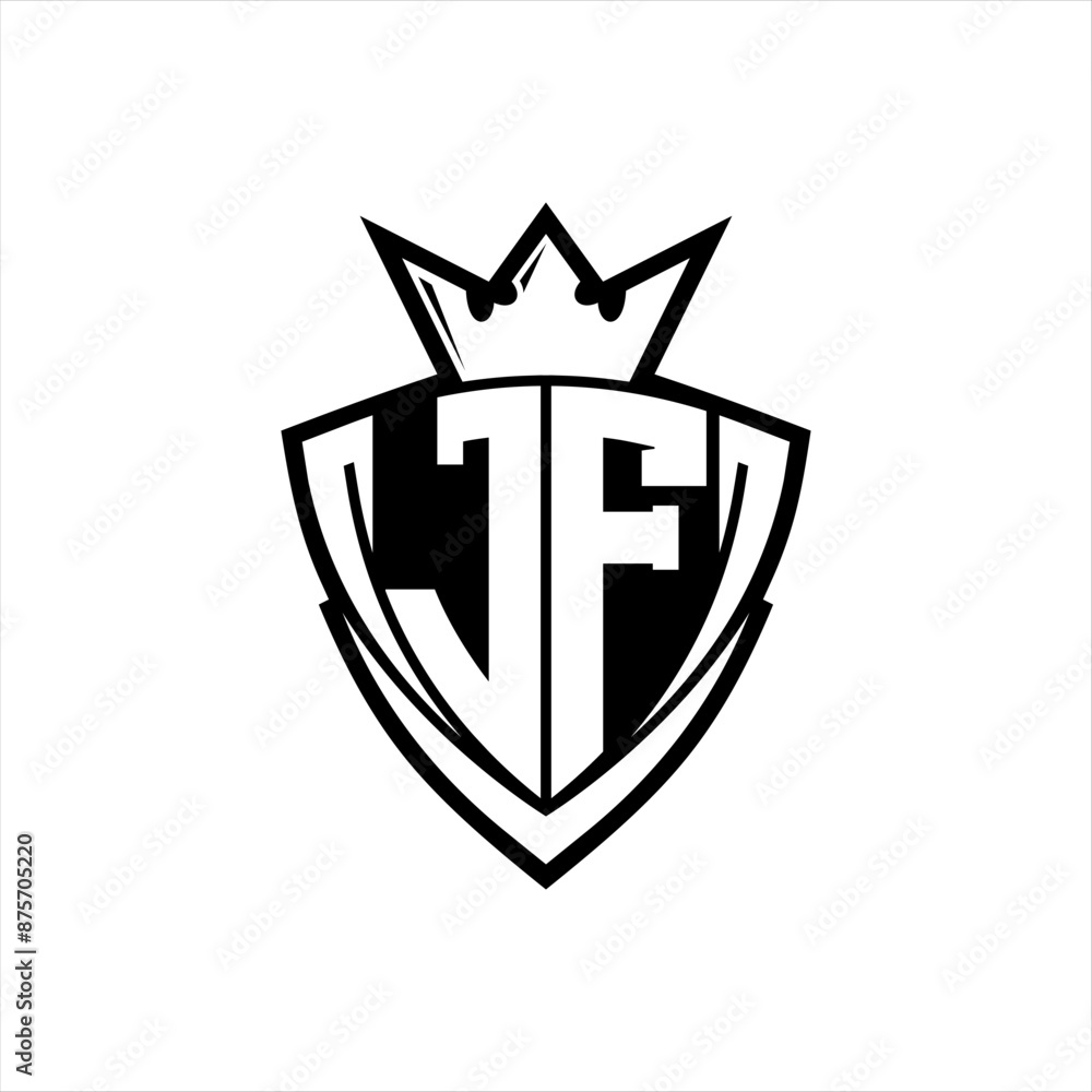 JF Letter logo with sharp triangle shield shape with crown inside white outline on white background template design JF Letter logo with sharp triangle shield shape with crown inside white outline on white background template design