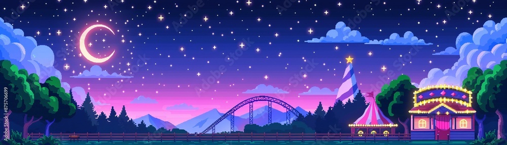 Obraz premium A lively carnival with roller coasters and cotton candy stands, pixel art, bright colors, 8bit, dynamic and cheerful