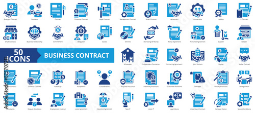 Business contract icon collection set. Containing financing, legal, management, smart, agreement, partnership, validity icon. Simple flat vector.