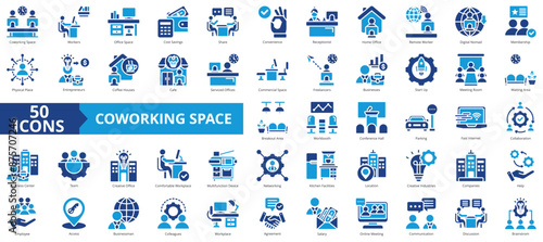 Coworking space icon collection set. Containing workers, cost savings, share, convenience, receptionist, home office, remote icon. Simple flat vector.