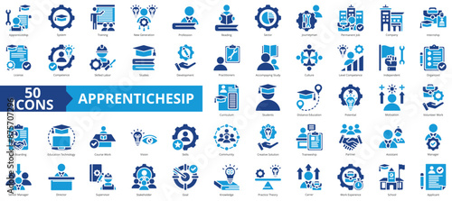 Apprenticeship icon collection set. Containing system, training, new generation, profession, reading, sector, internship icon. Simple flat vector.