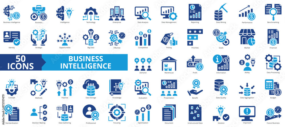 Obraz premium Business intelligence icon collection set. Containing technology, enterprise, data analysis, management, reporting, mining, performance icon. Simple flat vector.