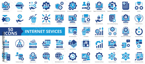 Internet services icon collection set. Containing server web, features, higher support, authentication mechanisms, anonymous, basic access, digest icon. Simple flat vector.