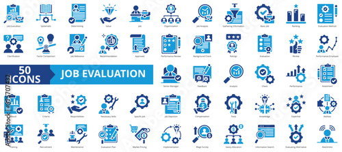 Job evaluation icon collection set. Containing systematic, determining, value, organization, analysis, gathering information, basic icon. Simple flat vector.