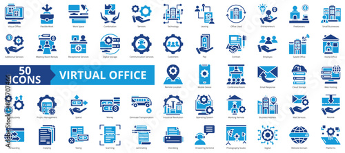 Virtual office icon collection set. Containing flexible, space, combination, services, technology, leasing, used icon. Simple flat vector.