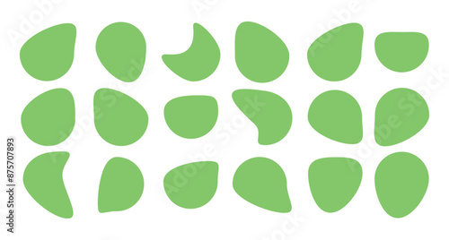 Organic amoeba green blob shape abstract vector illustration isolated on white background. Set of irregular stains and round blots form graphic elements.