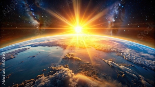 Fototapeta Naklejka Na Ścianę i Meble -  A beautiful sunset over the Earth with the sun shining brightly in the sky, sunset, Earth, sun, world, planet, nature, sky