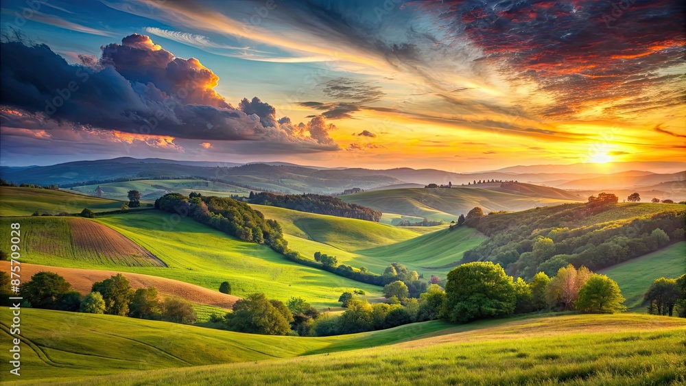 Fototapeta premium A scenic view of a tranquil landscape with rolling hills and a colorful sunset, nature, scenery, tranquil, serene, peaceful