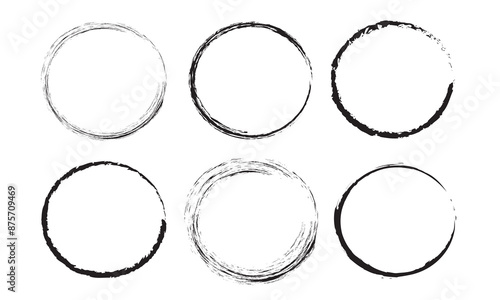 set of black circle brush. Grunge circle brushes. Hand drawn circle line sketch set isolated on white background.