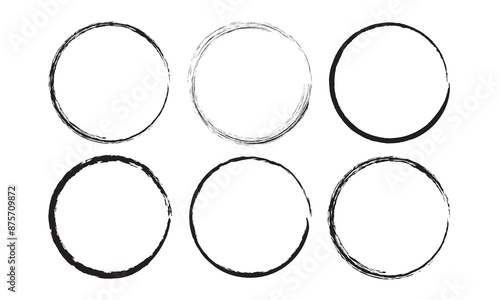 Hand drawn circle line sketch set. Circular vector image. Hand drawn circle with doodle patterns. Vector brush strokes circles of paint on white background.
