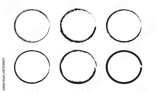 Grunge circles brush set. Black circle frames. Round line of black paint. Grunge round shapes. Circular ink brush stroke fro design elements. Vector illustration.