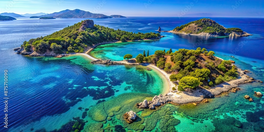 Naklejka premium A stunning aerial view of a picturesque Greece peninsula with crystal clear waters and lush greenery, Greece, peninsula