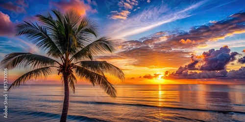 Beautiful sunset over ocean with palm tree in foreground, sunset, ocean, palm tree, beautiful, landscape, nature, scenic