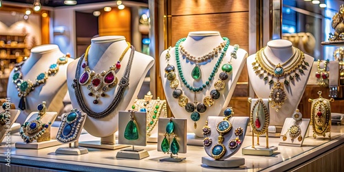 Beautiful jewelry pieces on display in a boutique , earrings, necklaces, bracelets, rings, gemstones, diamonds, luxury, fashion