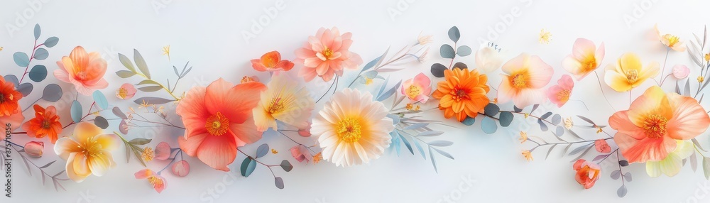 Obraz premium Delicate watercolor floral garland with pastel peach, yellow, and orange tones.