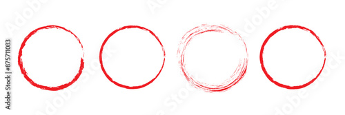 Grunge circles brush set. red circle frames. Round line of red  paint. Grunge round shapes. Circular ink brush stroke fro design elements. Vector illustration.