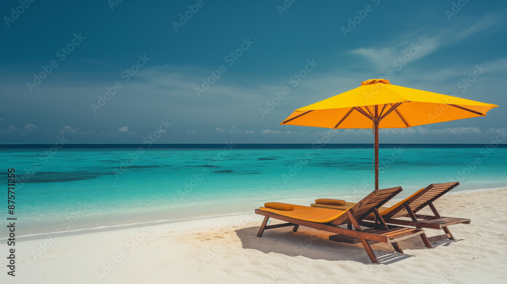 Obraz premium Two beach chairs and umbrella on the white sand of a Caribbean island with blue sea water in the background