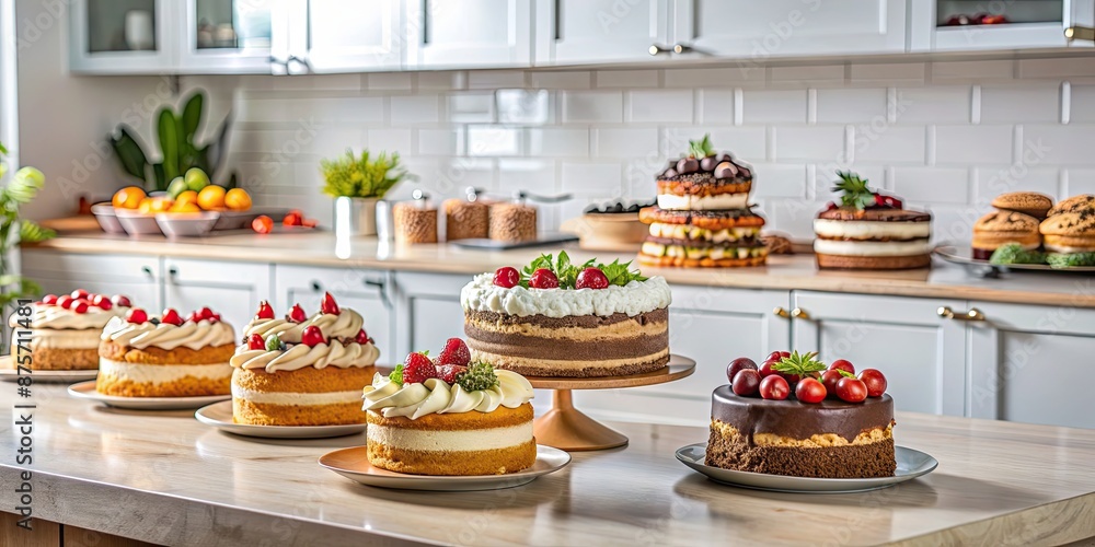 Cakes displayed on the kitchen counter , confectionery, bakery, homemade, assortment, treats, delicious, sweets Cakes displayed on the kitchen counter , confectionery, bakery, homemade, assortment, treats, delicious, sweets
