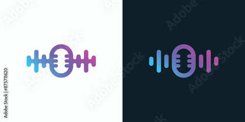 Sound wave vector logo design with a microphone in the middle in a modern, simple, clean and abstract style.