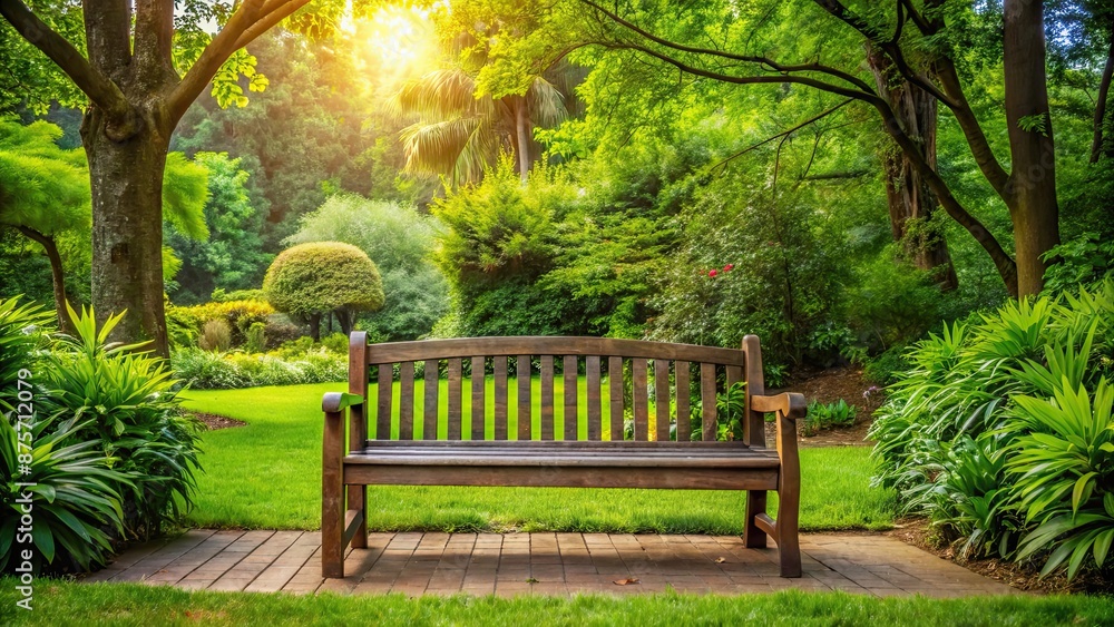 A wooden bench surrounded by lush greenery in a peaceful park setting, park, bench, wooden, relaxation, nature, tranquil A wooden bench surrounded by lush greenery in a peaceful park setting, park, bench, wooden, relaxation, nature, tranquil