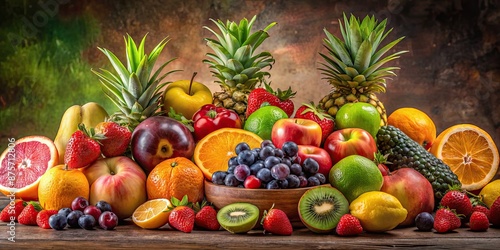 A vibrant variety of fresh fruits arranged in a bountiful composition, fruits, vibrant, fresh, variety, arrangement, composition