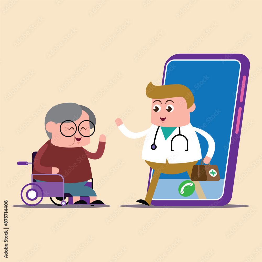 emotion cute vector, illustration flat cartoom character old woman sit wheelchair ,doctor show explain on line how take care good for healthy.