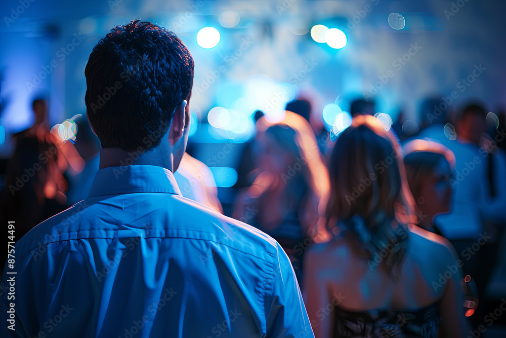 Excitement of a corporate event with a crowd mingling in the background Excitement of a corporate event with a crowd mingling in the background