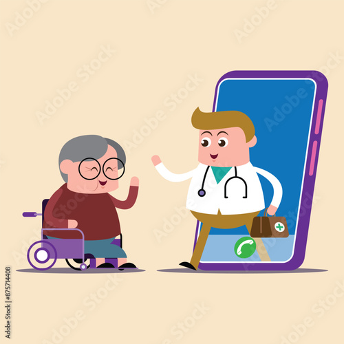 Obraz na płótnie emotion cute vector, illustration flat cartoom character old woman sit wheelchair ,doctor show explain on line how take care good for healthy. w salonie