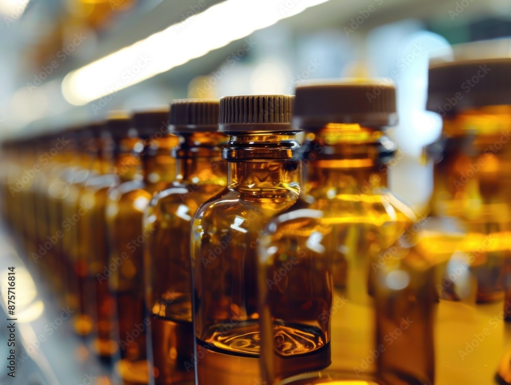 Brown glass bottles on conveyor belt Brown glass bottles on conveyor belt
