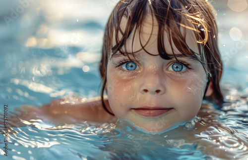 A cute little girl with blue eyes is swimming in the pool, close-up of her head and shoulders. she has brown hair that falls to one side © Kien