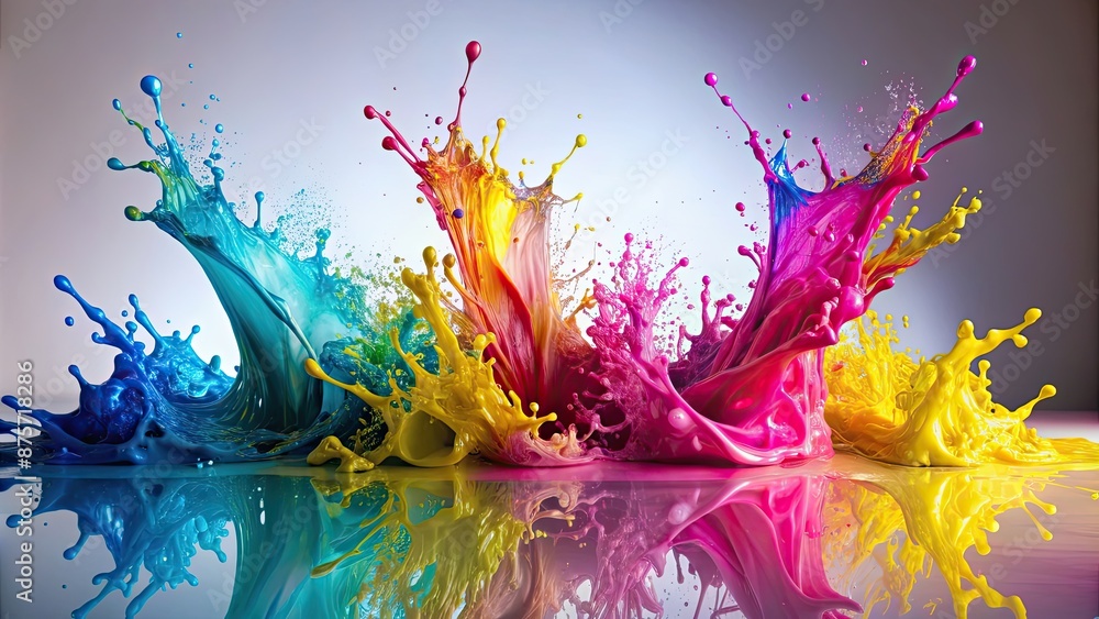 Fototapeta premium Abstract photo of colorful splashes in CMYK concept, splash, colors, CMYK, abstract, vibrant, paint, artistic, rainbow, design