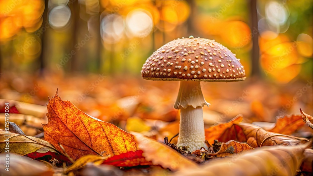Close up shot of a seasonal mushroom on the forest floor covered in autumn leaves, mushroom, fungi, forest, fall, leaves Close up shot of a seasonal mushroom on the forest floor covered in autumn leaves, mushroom, fungi, forest, fall, leaves