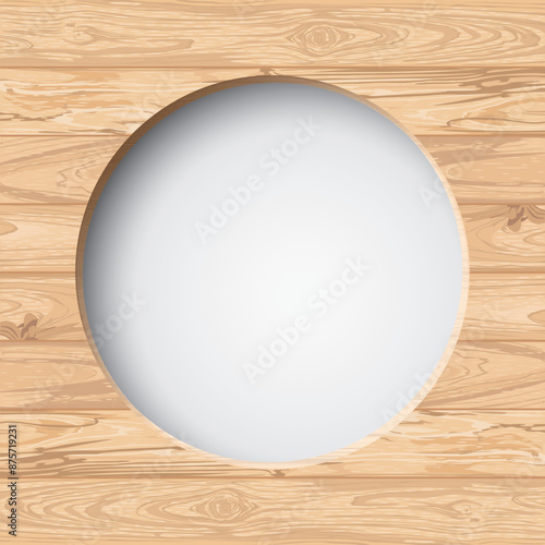 3D circle frame paper cut style with cut timber panels graphic square background illustrated have white blank space. Wooden whitewashed texture pattern with white round border template.
