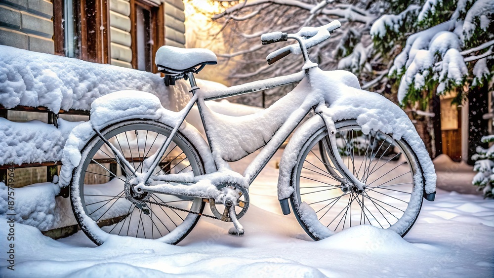 A detailed photo of a bike covered in snow during the winter season, bike, snow, winter, cold, frozen, outdoors, seasonal A detailed photo of a bike covered in snow during the winter season, bike, snow, winter, cold, frozen, outdoors, seasonal