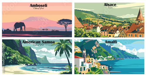 Travel landmarks tourism world famous, Vector illustration. Design for travel wallpaper, flyer or web banner design template. Panorama view. Copy space