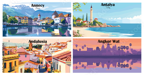Travel landmarks tourism world famous, Vector illustration. Design for travel wallpaper, flyer or web banner design template. Panorama view. Copy space