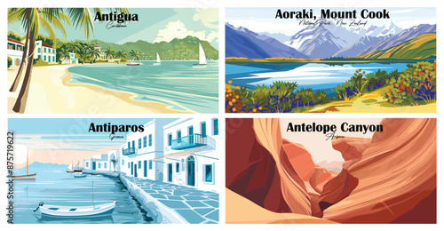 Travel landmarks tourism world famous, Vector illustration. Design for travel wallpaper, flyer or web banner design template. Panorama view. Copy space
