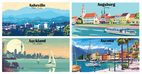 Travel landmarks tourism world famous, Vector illustration. Design for travel wallpaper, flyer or web banner design template. Panorama view. Copy space