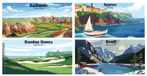 Travel landmarks tourism world famous, Vector illustration. Design for travel wallpaper, flyer or web banner design template. Panorama view. Copy space