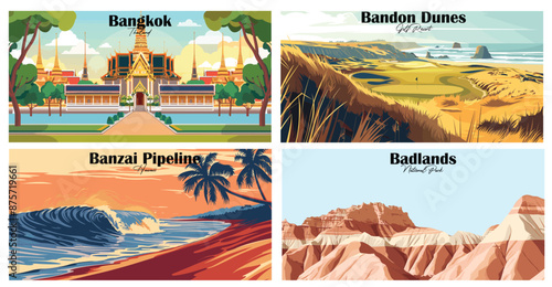 Travel landmarks tourism world famous, Vector illustration. Design for travel wallpaper, flyer or web banner design template. Panorama view. Copy space