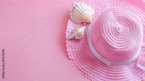 Vibrant summer composition with a beach hat and a seashell on a soft pink background