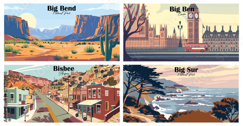 Travel landmarks tourism world famous, Vector illustration. Design for travel wallpaper, flyer or web banner design template. Panorama view. Copy space