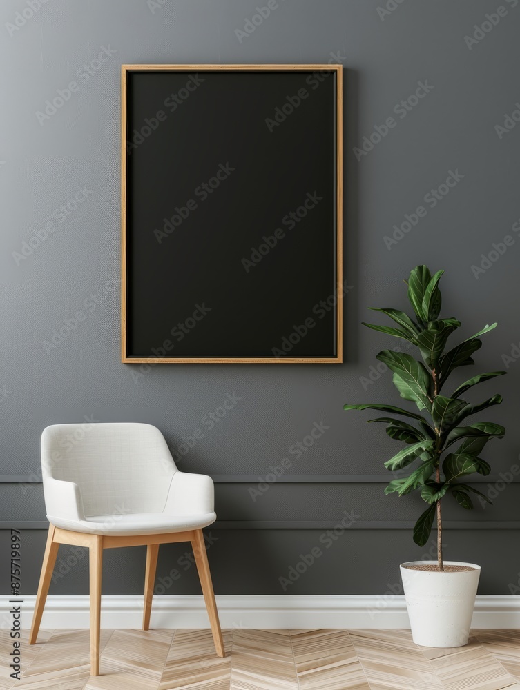 A white chair sits in front of a blank picture frame on a gray wall, with a potted plant beside it. The room has wood floors. A white chair sits in front of a blank picture frame on a gray wall, with a potted plant beside it. The room has wood floors.