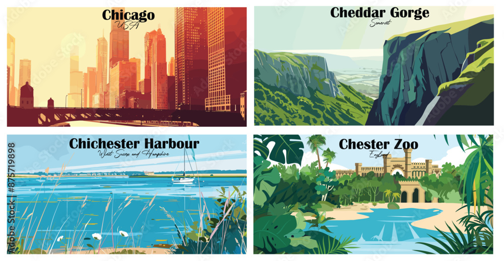 Obraz premium Travel landmarks tourism world famous, Vector illustration. Design for travel wallpaper, flyer or web banner design template. Panorama view. Copy space