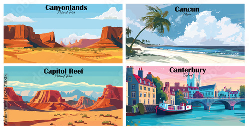 Travel landmarks tourism world famous, Vector illustration. Design for travel wallpaper, flyer or web banner design template. Panorama view. Copy space