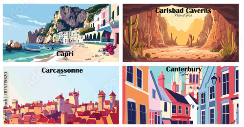 Travel landmarks tourism world famous, Vector illustration. Design for travel wallpaper, flyer or web banner design template. Panorama view. Copy space