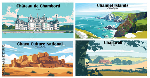 Travel landmarks tourism world famous, Vector illustration. Design for travel wallpaper, flyer or web banner design template. Panorama view. Copy space