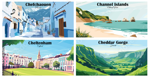 Travel landmarks tourism world famous, Vector illustration. Design for travel wallpaper, flyer or web banner design template. Panorama view. Copy space