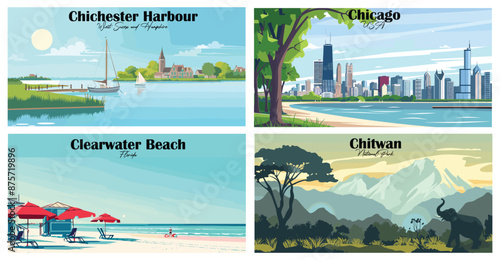 Travel landmarks tourism world famous, Vector illustration. Design for travel wallpaper, flyer or web banner design template. Panorama view. Copy space