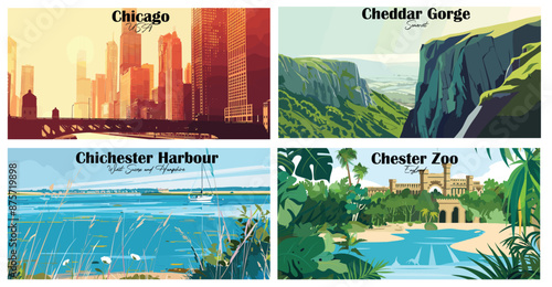 Travel landmarks tourism world famous, Vector illustration. Design for travel wallpaper, flyer or web banner design template. Panorama view. Copy space